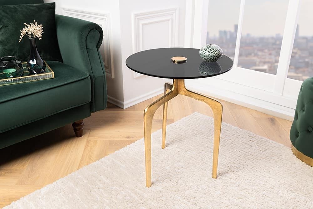 Ronde bijzettafel Abstract 60 cm – Messing goud, zwart glas, handgemaakt