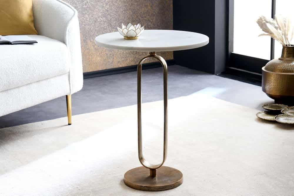 Ronde bijzettafel Elegance – Antiek marmer & witgoud voor een stijlvol interieur