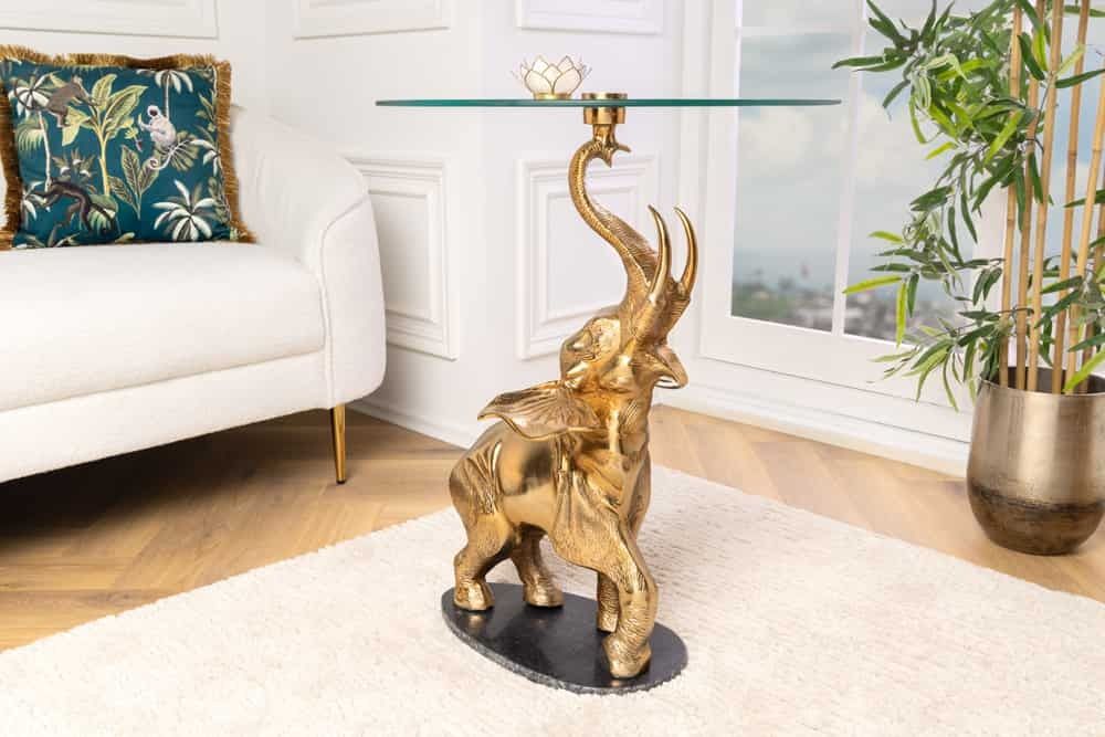 Ronde bijzettafel ELEPHANT – 80 cm, goud, glas & handgemaakte marmeren sculptuur