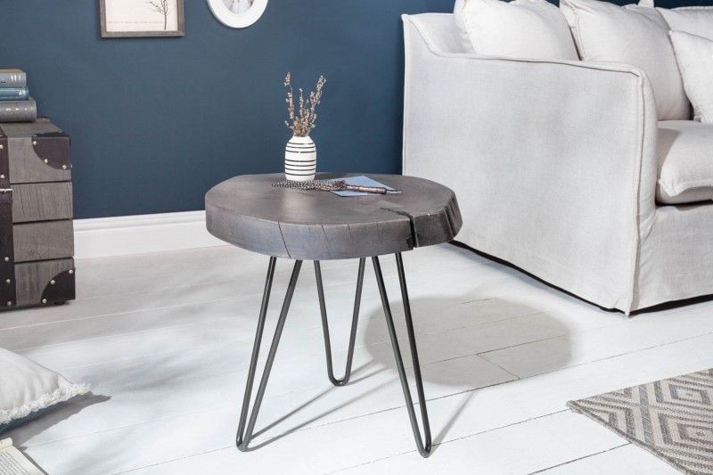 Ronde bijzettafel GOA – 45 cm, grijs acaciahout en metalen haarspeldpoten