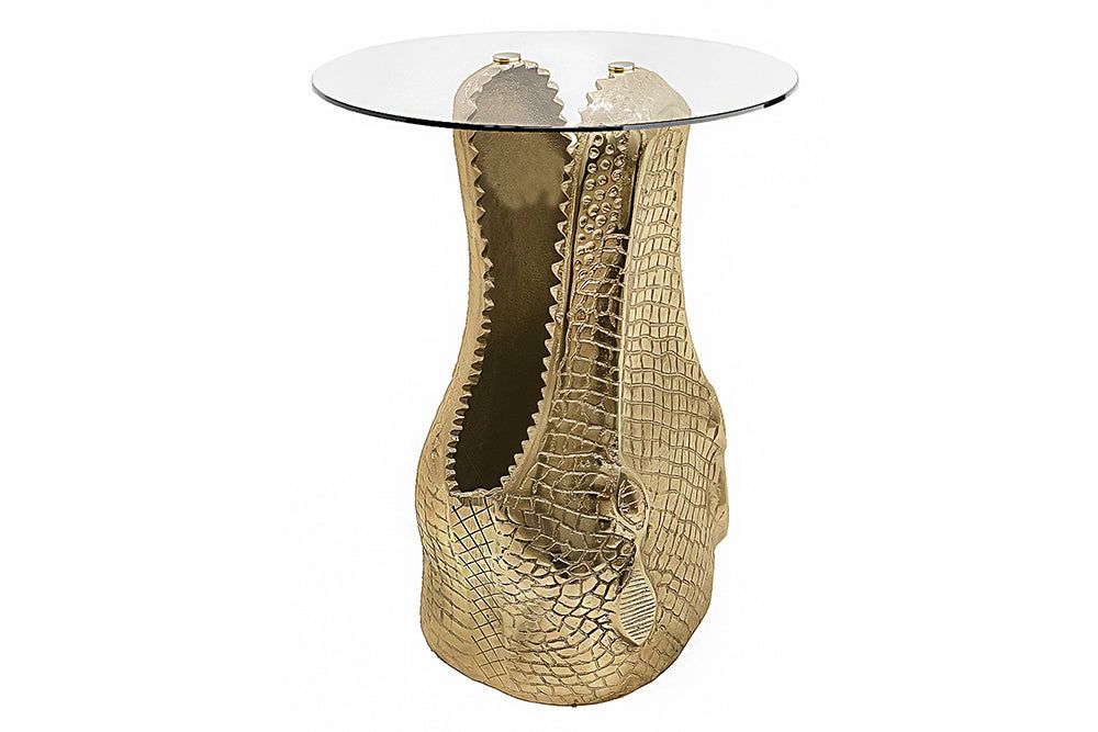 Ronde bijzettafel Invicta Interior Wildlife Crocodile – Goudkleurig & gehard glas