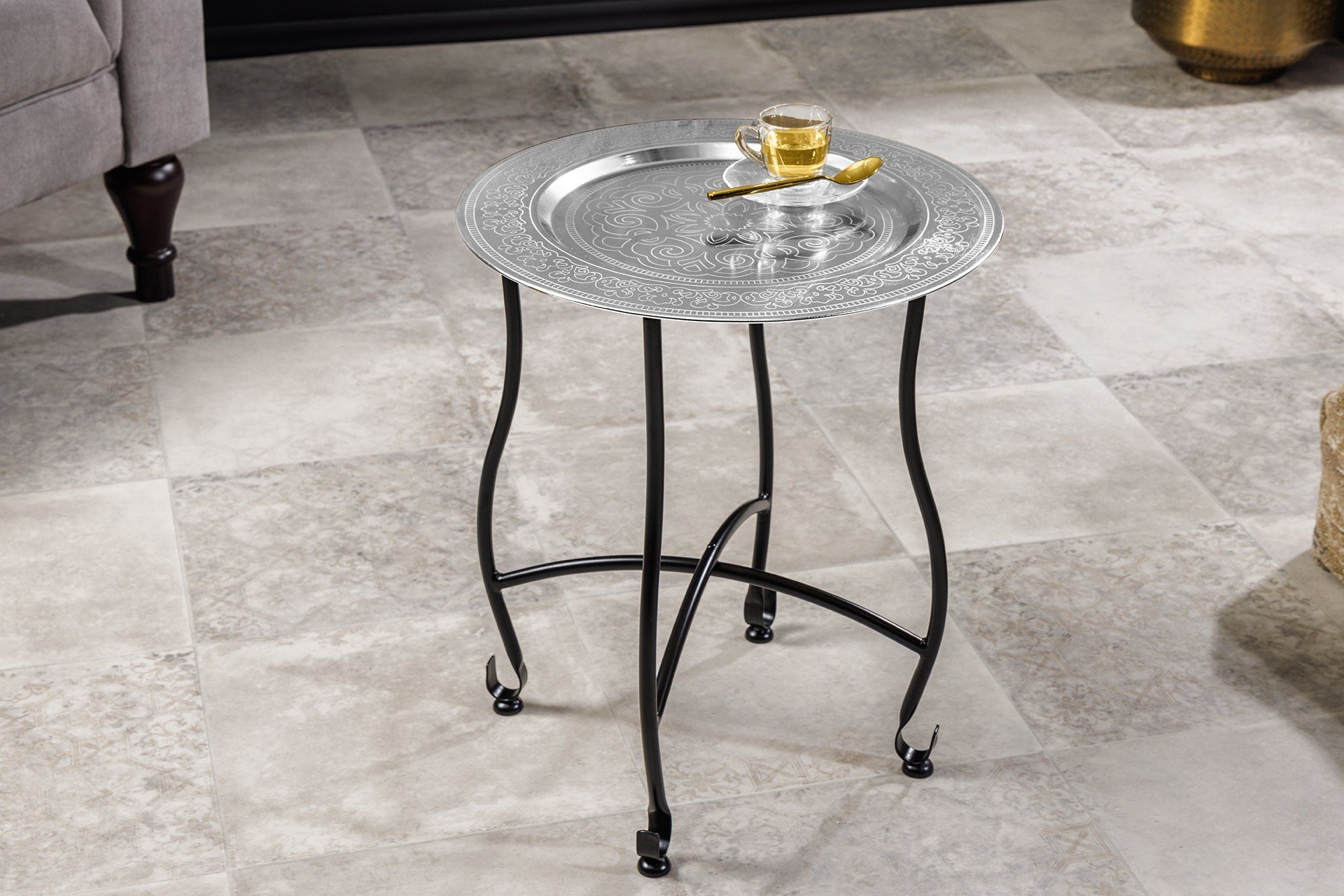 Ronde Bijzettafel Marrakech 50 cm – Zilveren, Opvouwbaar en Uitneembaar