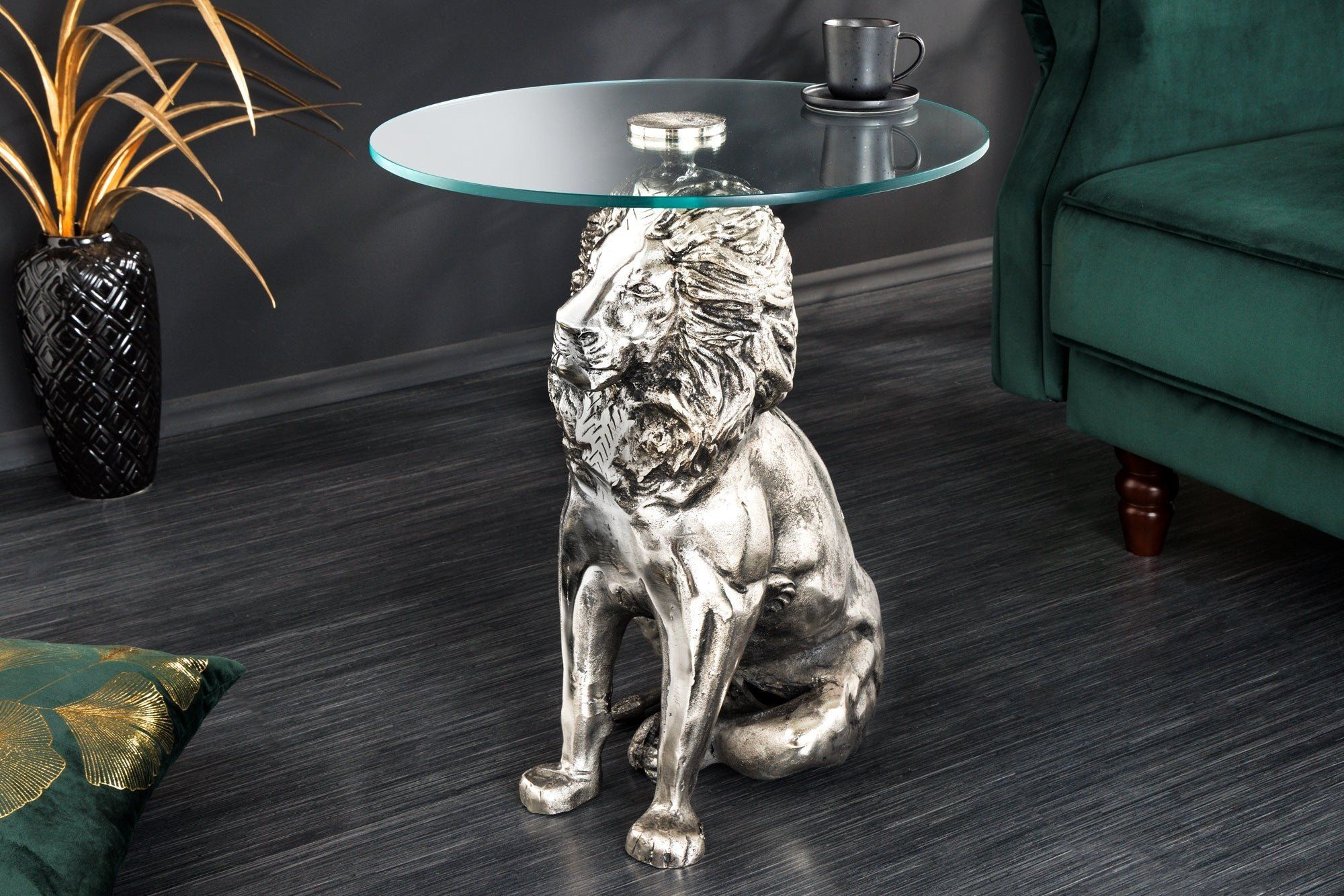 Ronde bijzettafel met Leeuwsculptuur – Antiek Zilver, 60 cm