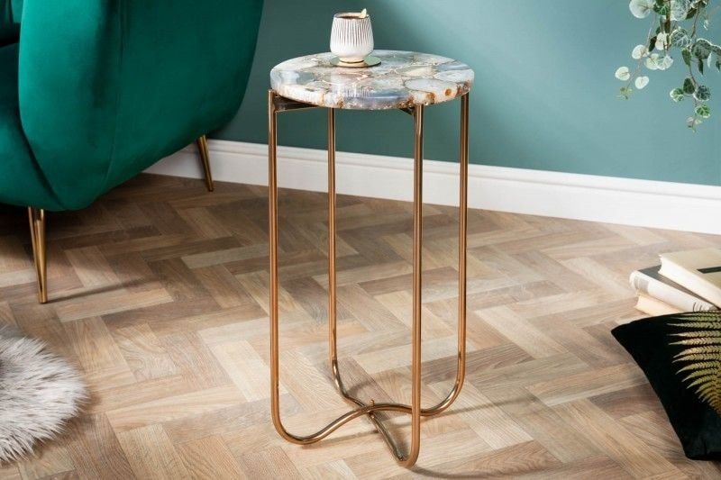 Ronde bijzettafel Noble I – 35 cm agaat top in gouden metalen frame