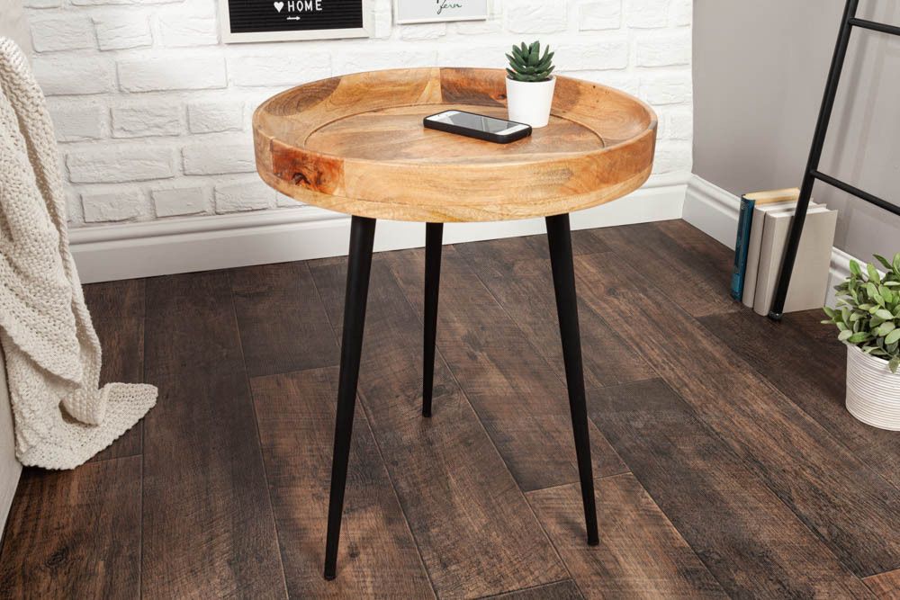 Ronde bijzettafel PURE NATURE – 45 cm naturel mangohout met zwarte metalen poten