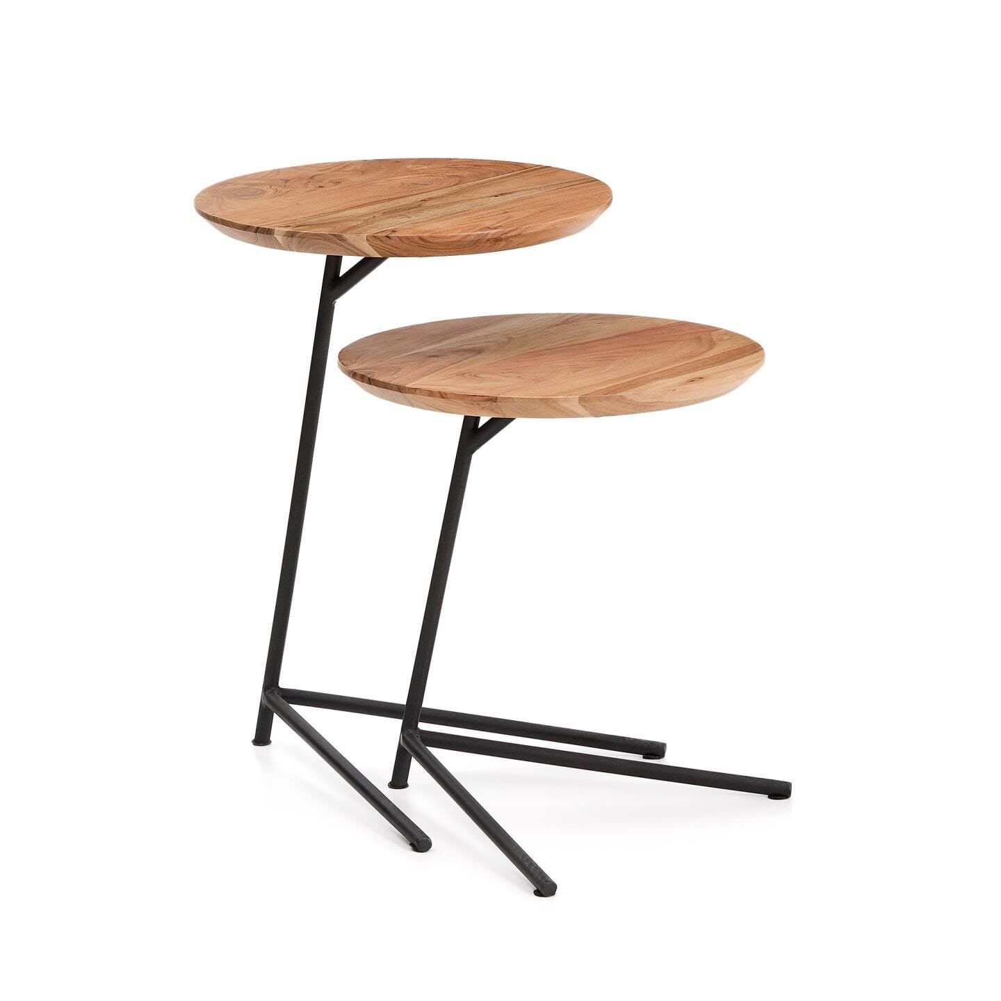 Ronde Bijzettafel Set Vintara – Massief Acaciahout & Zwarte Staalpoten