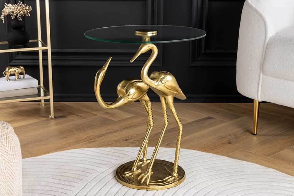 Ronde bijzettafel WILDLIFE CRANE – handgemaakte gouden kraan sculptuur, 55 cm