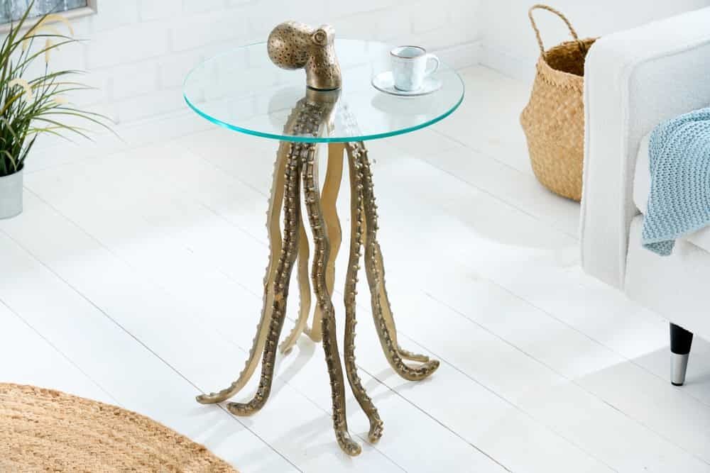 Ronde bijzettafel Wildlife Octopus 70 cm – Handgemaakte gouden metalen glazen sculptuur
