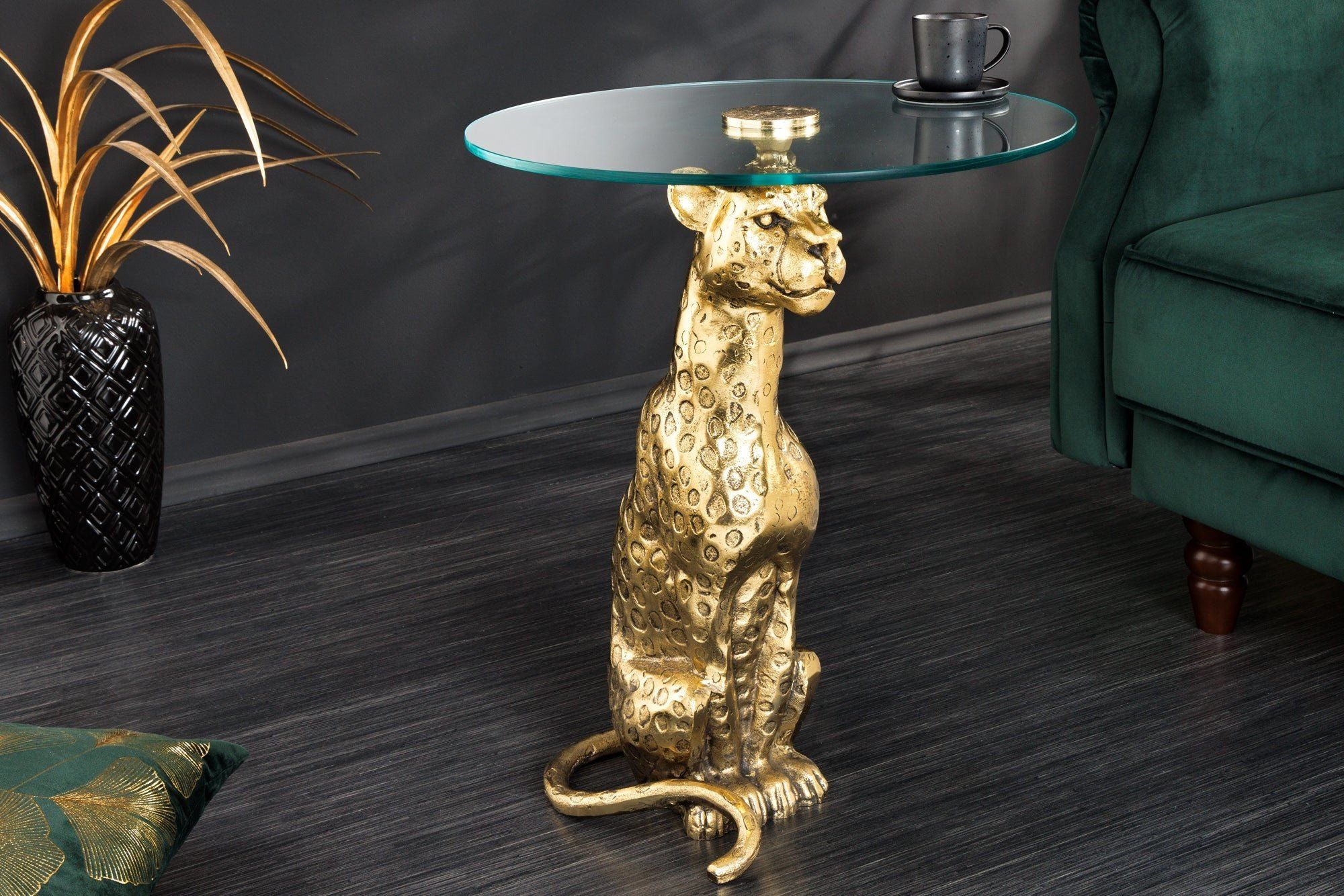 Ronde bijzettafel Wildlife Panther – 60 cm, antiek goud & handgemaakt glas