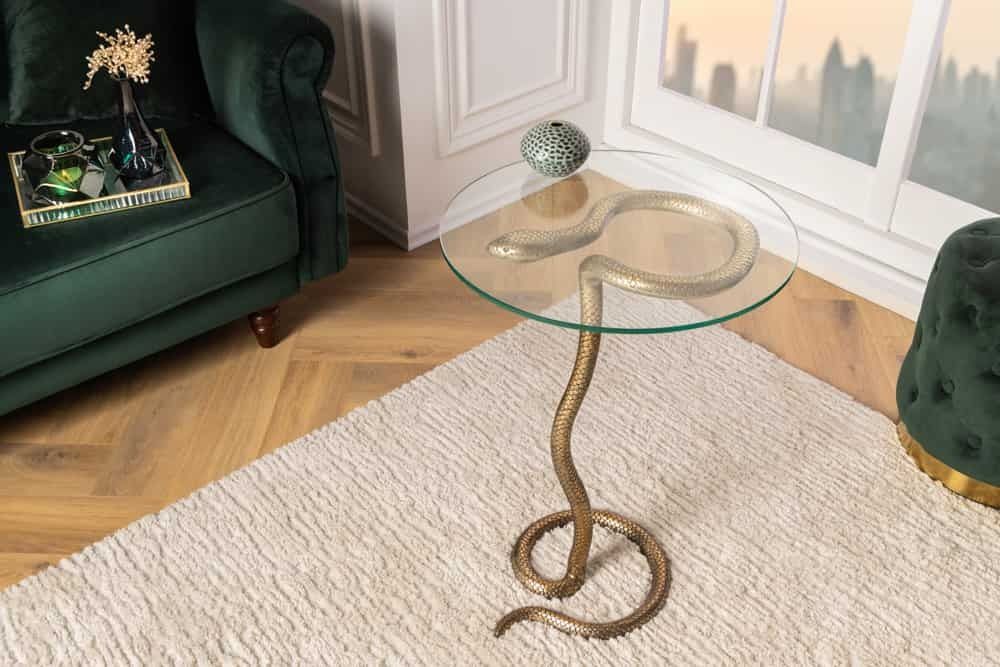 Ronde bijzettafel Wildlife Snake – Antiek koper met glas, handgemaakt