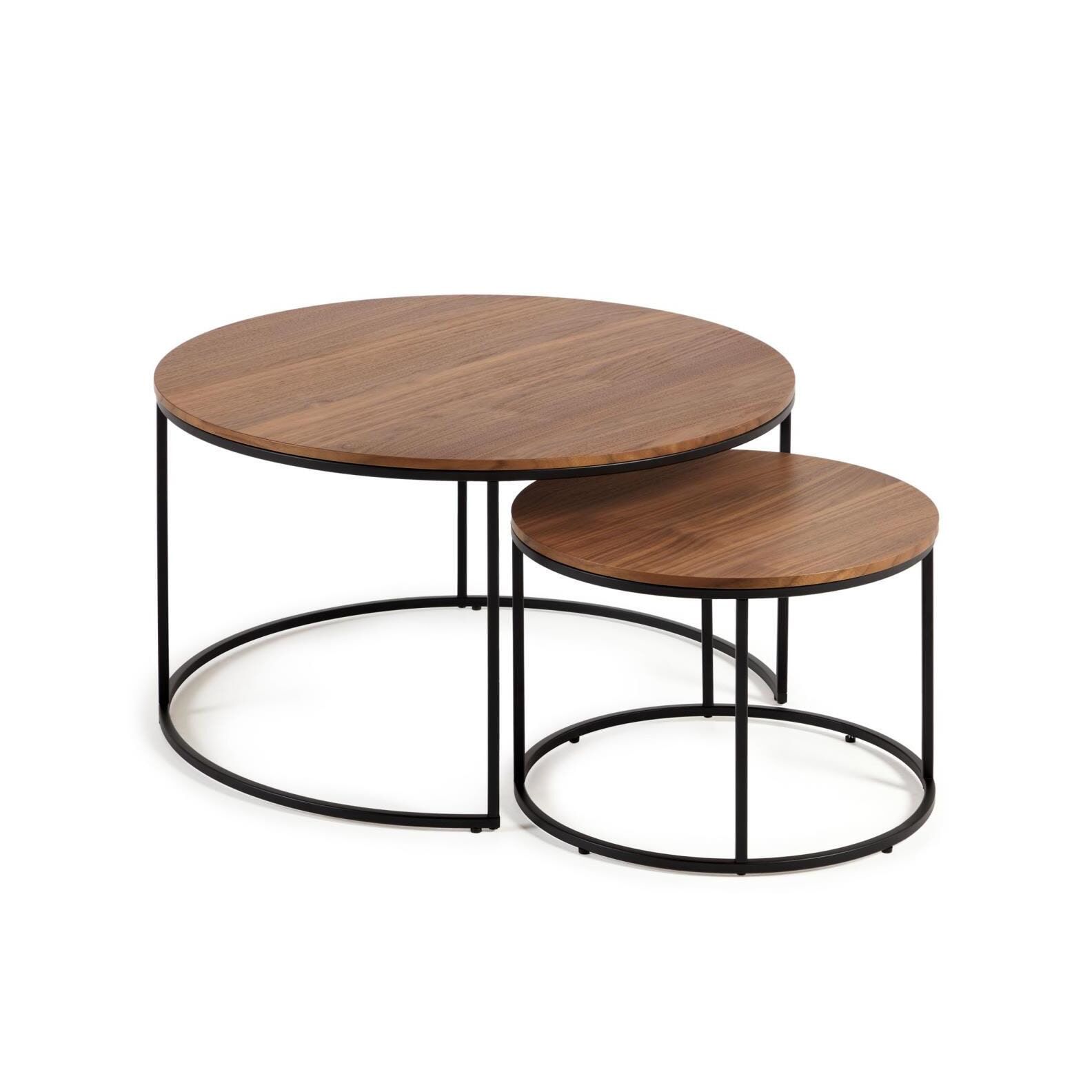 Ronde Bijzettafels Yoana – Set van 2 in Walnoot & Zwart Metalen Frame | Kave Home
