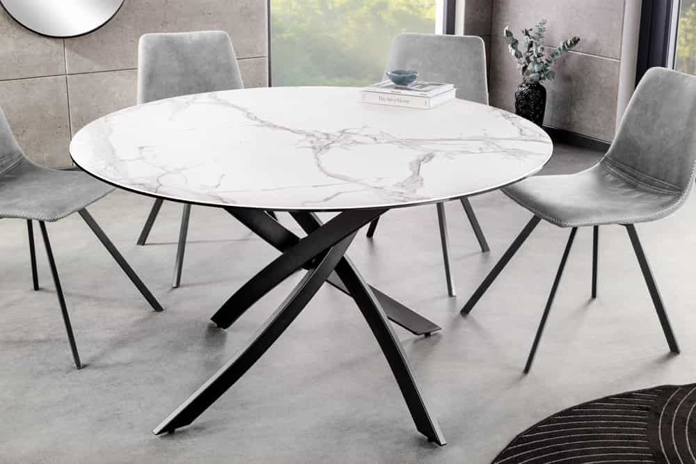 Ronde eettafel Alpine 120 cm – Wit marmer bovenblad, zwart metalen onderstel