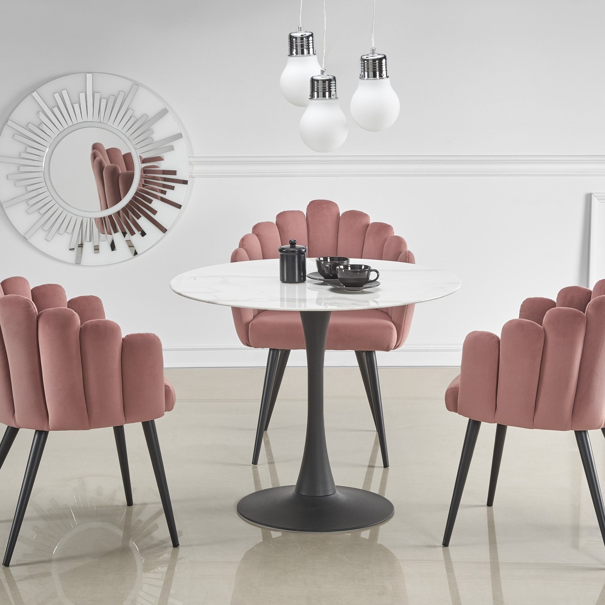 Ronde eettafel Ambrosio 90 cm – Luxe wit marmerglas met zwart onderstel