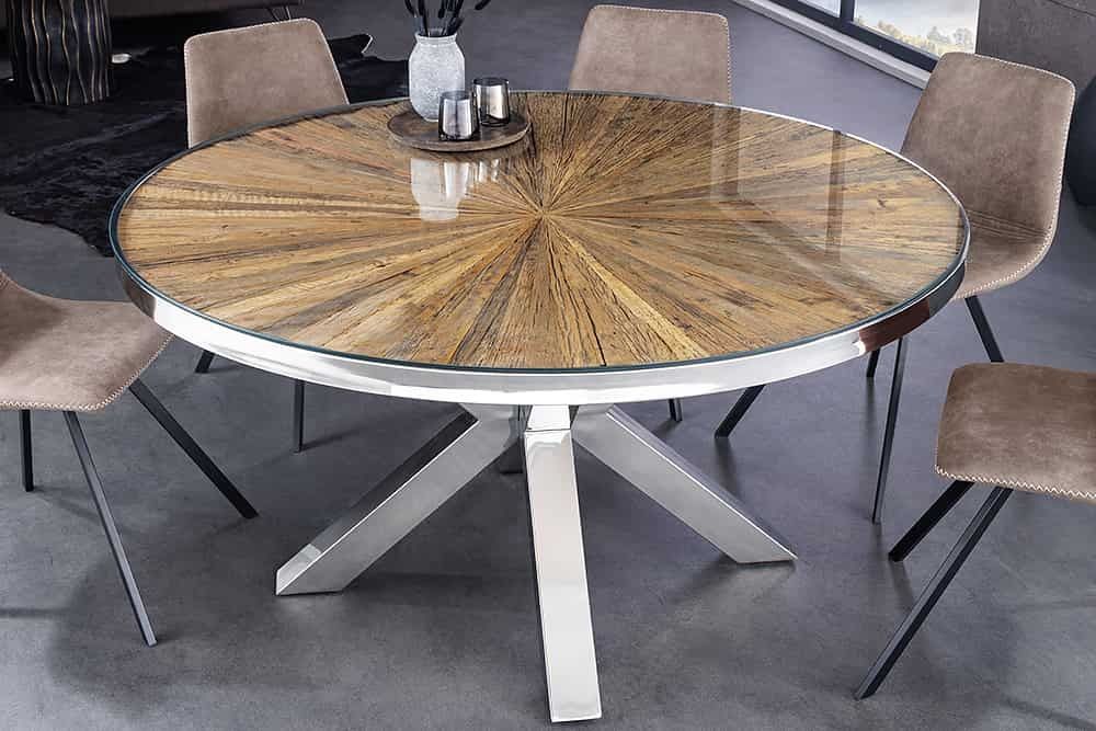 Ronde eettafel Barracuda 120 cm – Massief teakhout, glasblad en chroom RVS onderstel