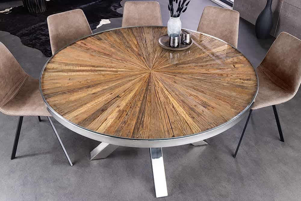 Ronde eettafel Barracuda 140 cm – massief teakhout, glazen blad en chroom RVS onderstel