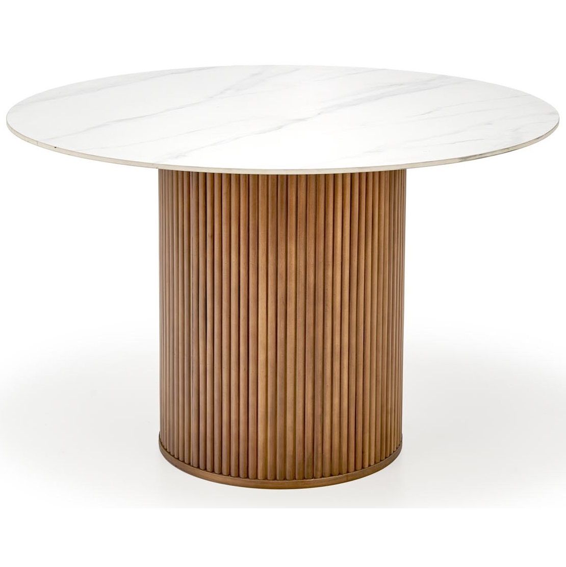 Ronde eettafel Bruno 120 cm – marmerwit keramiekblad & walnoot houten onderstel