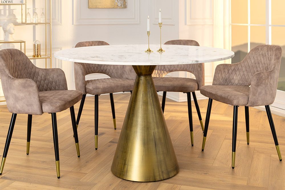 Ronde eettafel Elegancia – 100 cm, wit marmerblad & messing zuilvoet