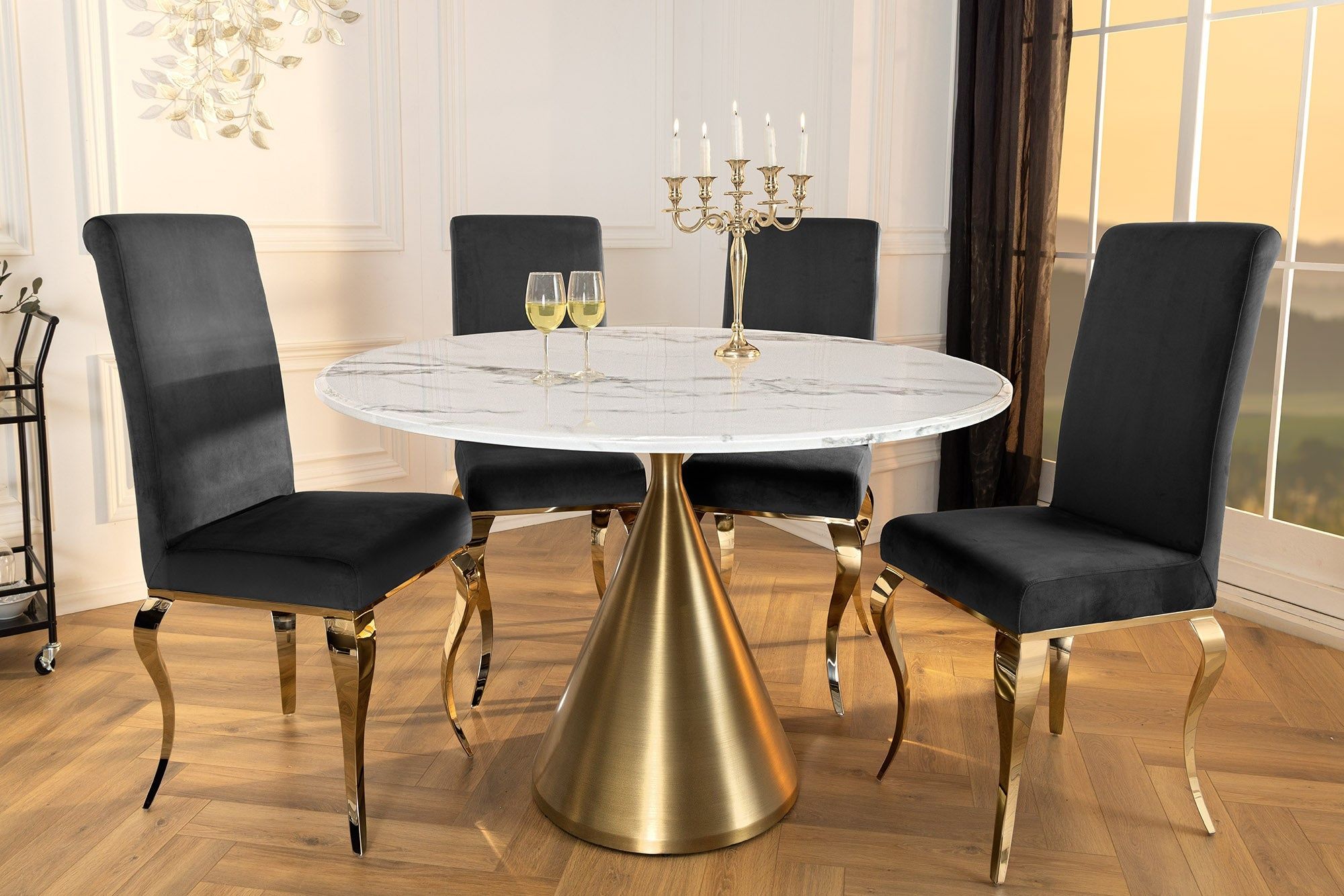 Ronde eettafel Elegancia – Luxe wit marmer, gouden afwerking, 130 cm