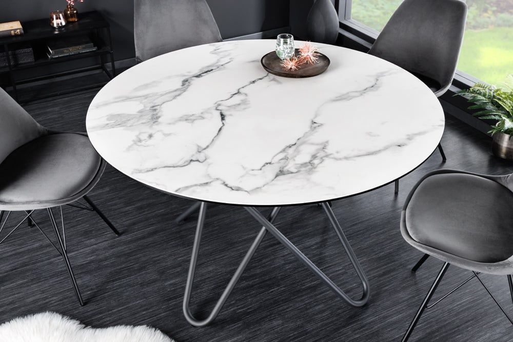 Ronde eettafel Ellipse 120 cm – Marmerblad met witte keramische haarspeldpoten | Invicta Interior