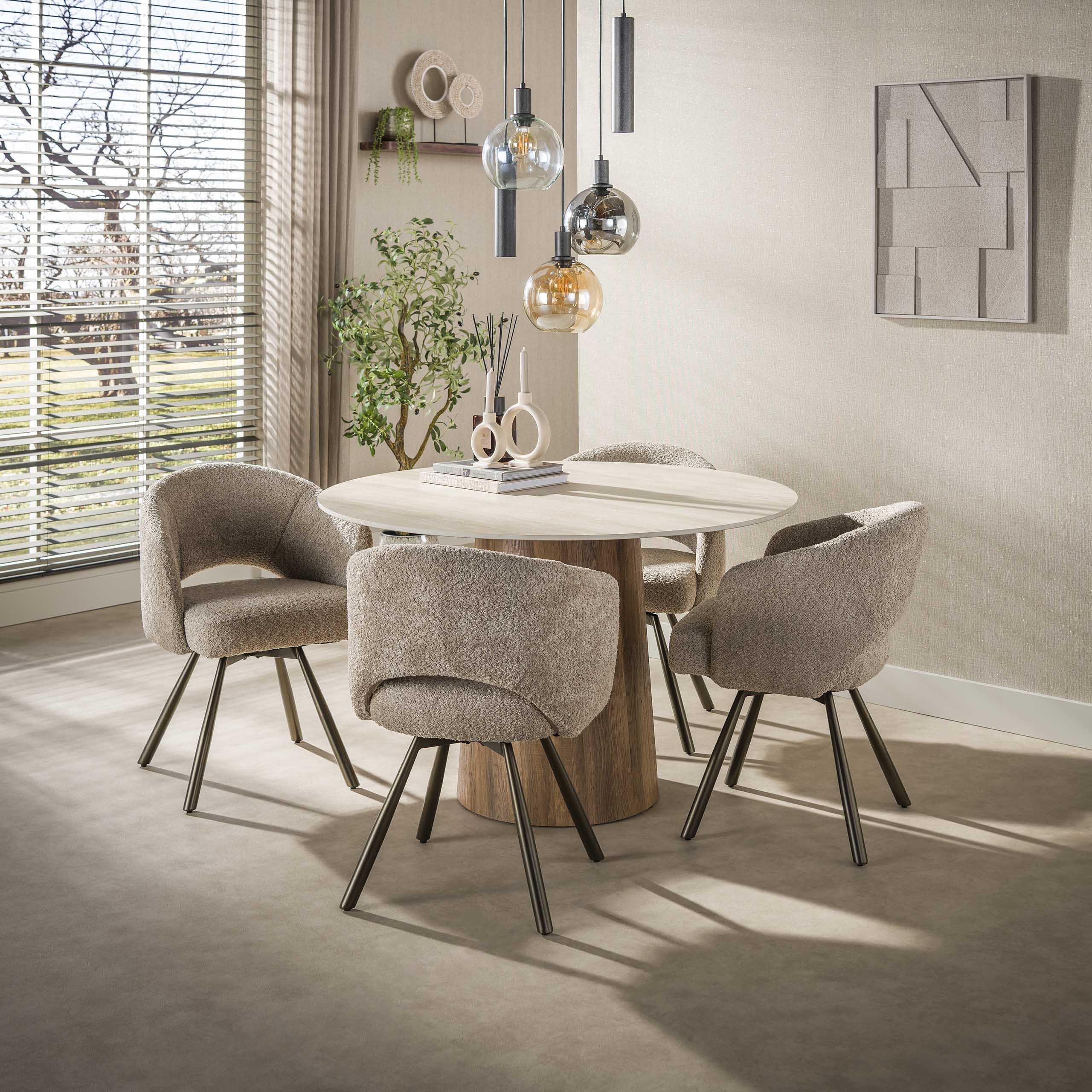 Ronde eettafel Laycie van LifestyleFurn – keramisch travertin-look, 120 cm, bruine uitstraling