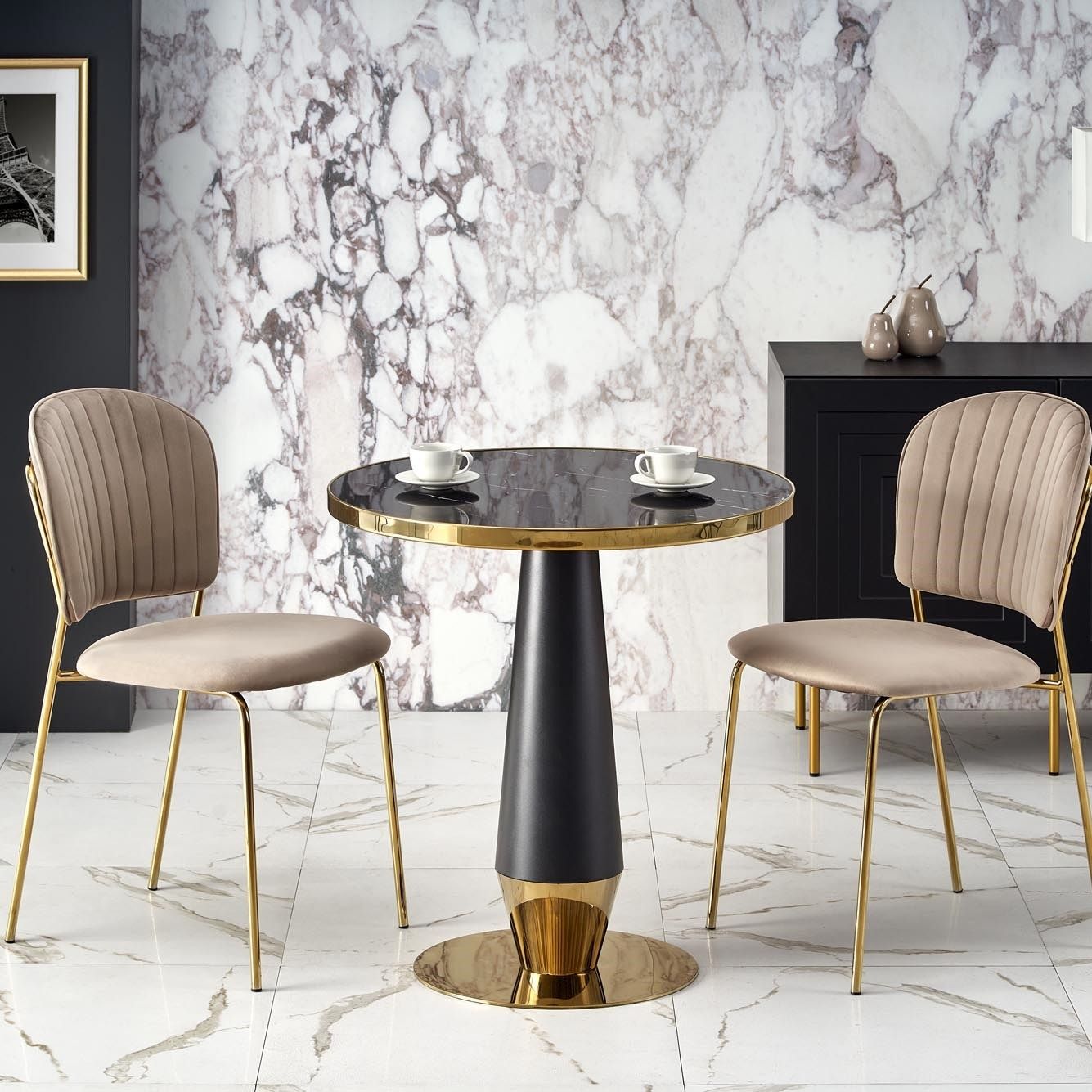 Ronde eettafel MOLINA 59 cm – Zwart marmerlook met gouden accenten