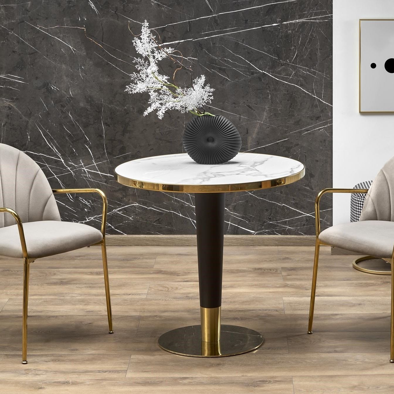 Ronde eettafel MORATA 79 cm – wit marmerlook met gouden accenten