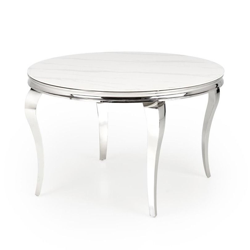 Ronde eettafel Reginald 120 cm – Wit marmer met chroomafwerking