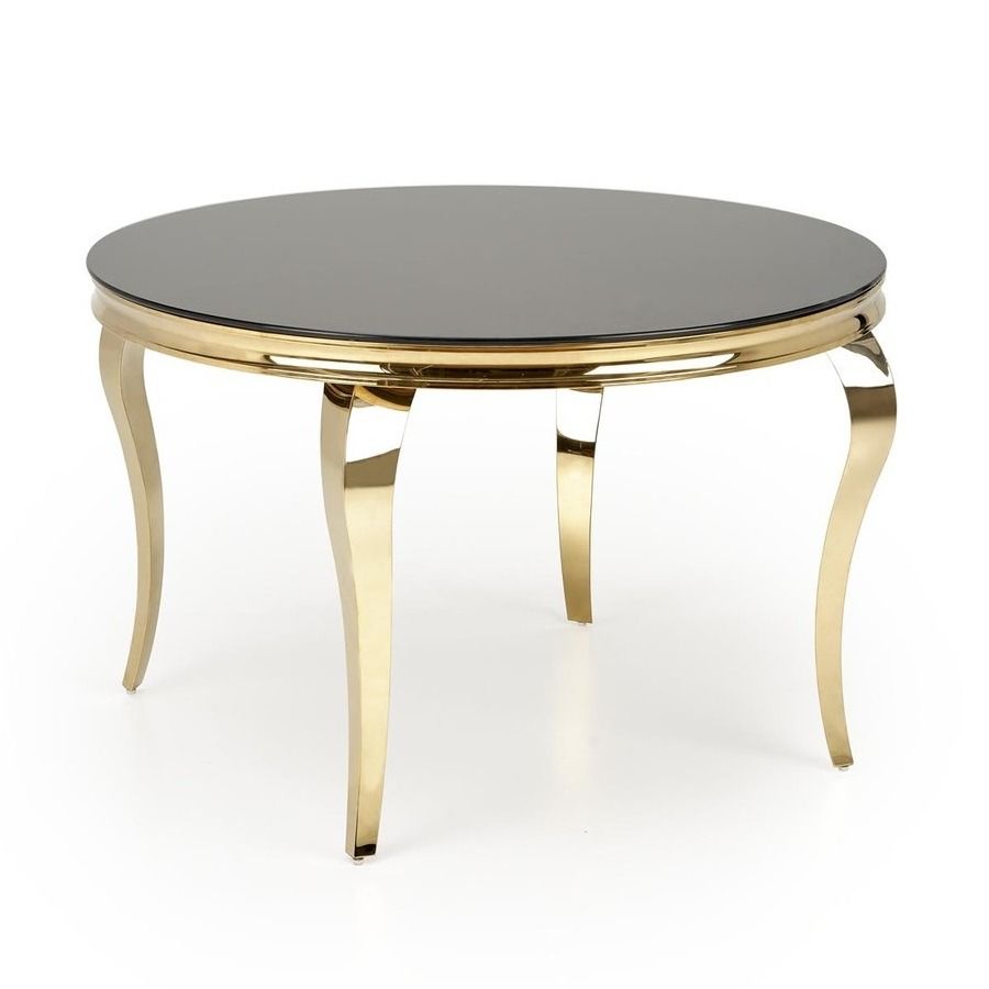 Ronde eettafel Reginald – Luxe zwart‑glazen tafel met gouden onderstel, 120 cm