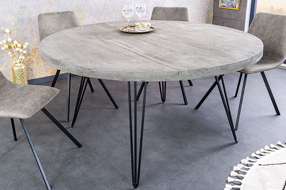 Ronde eettafel SCORPION 120 cm – Grijs mangohout met zwarte hairpin poten