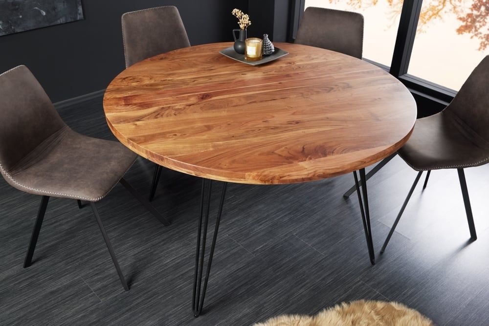Ronde eettafel SCORPION 120 cm – Natuurlijke acacia, retro haarspeldpoten