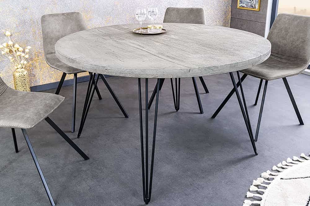 Ronde eettafel SCORPION 80 cm – grijs mango massief hout met zwarte Hairpin poten