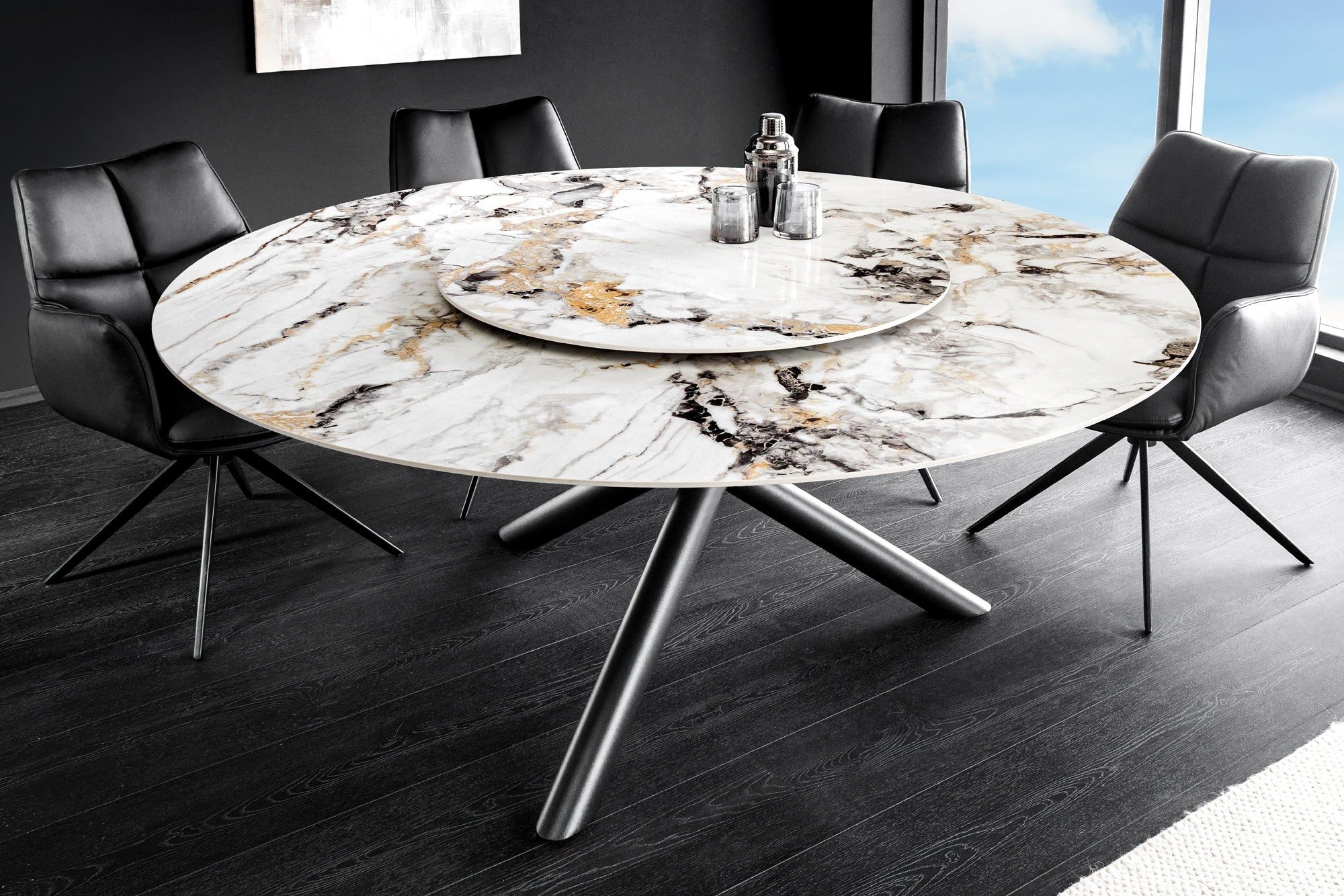 Ronde eettafel SPIN 150 cm – modern wit‑grijsbruin met 360° draaibaar keramisch serveerbord