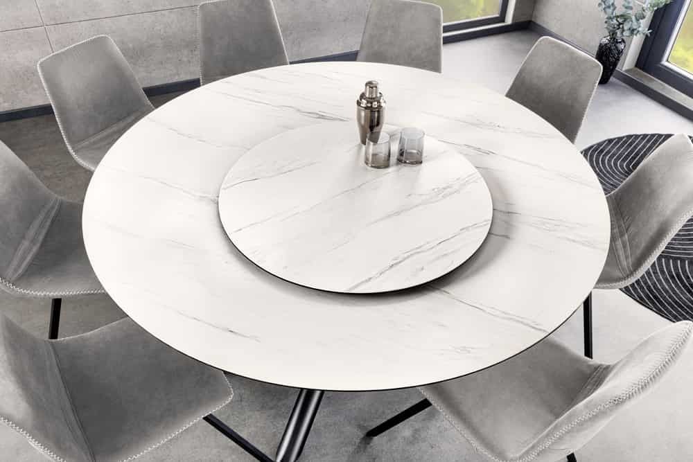 Ronde eettafel SPIN 150 cm – moderne witmarmeren look met 360° serveerbord