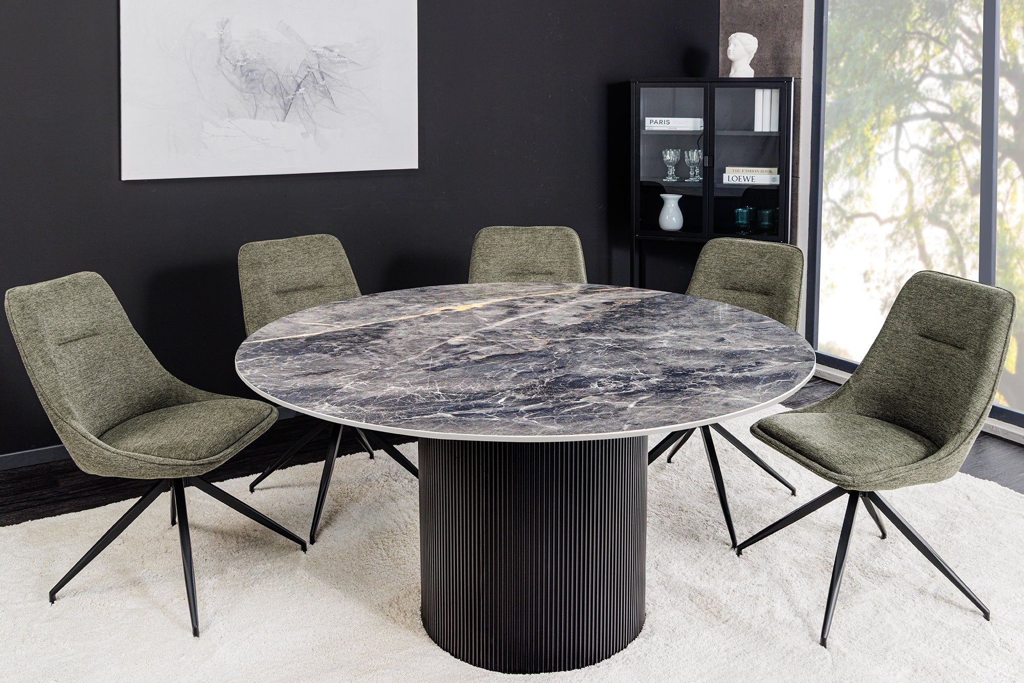 Ronde eettafel UNIQUE 120 cm – stijlvol zwart keramiek met strak onderstel