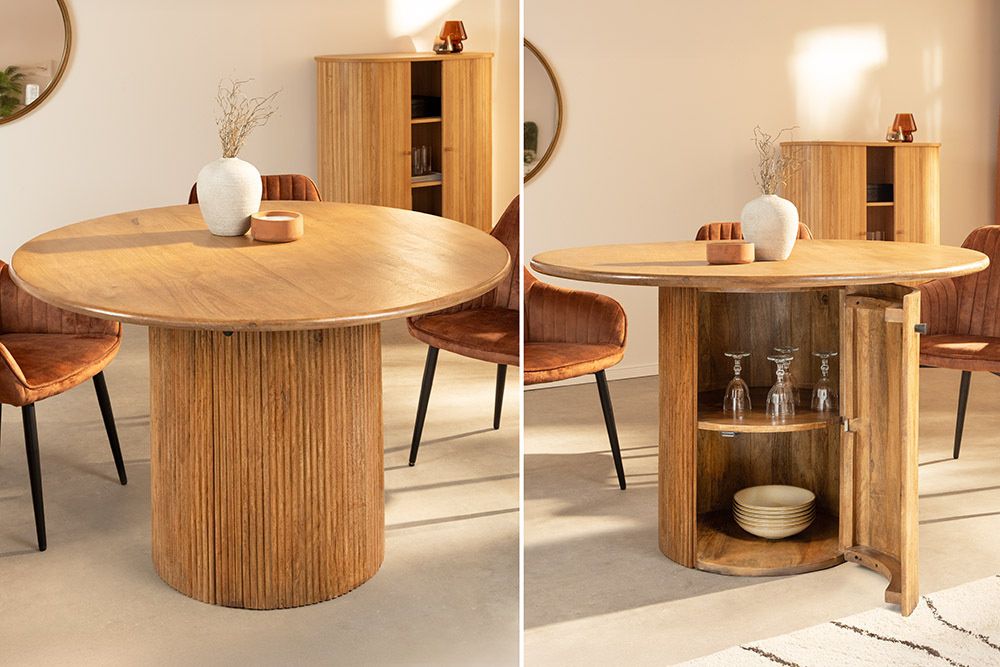 Ronde eettafel van massief mangohout met opbergruimte – 120 cm – Invicta Interior
