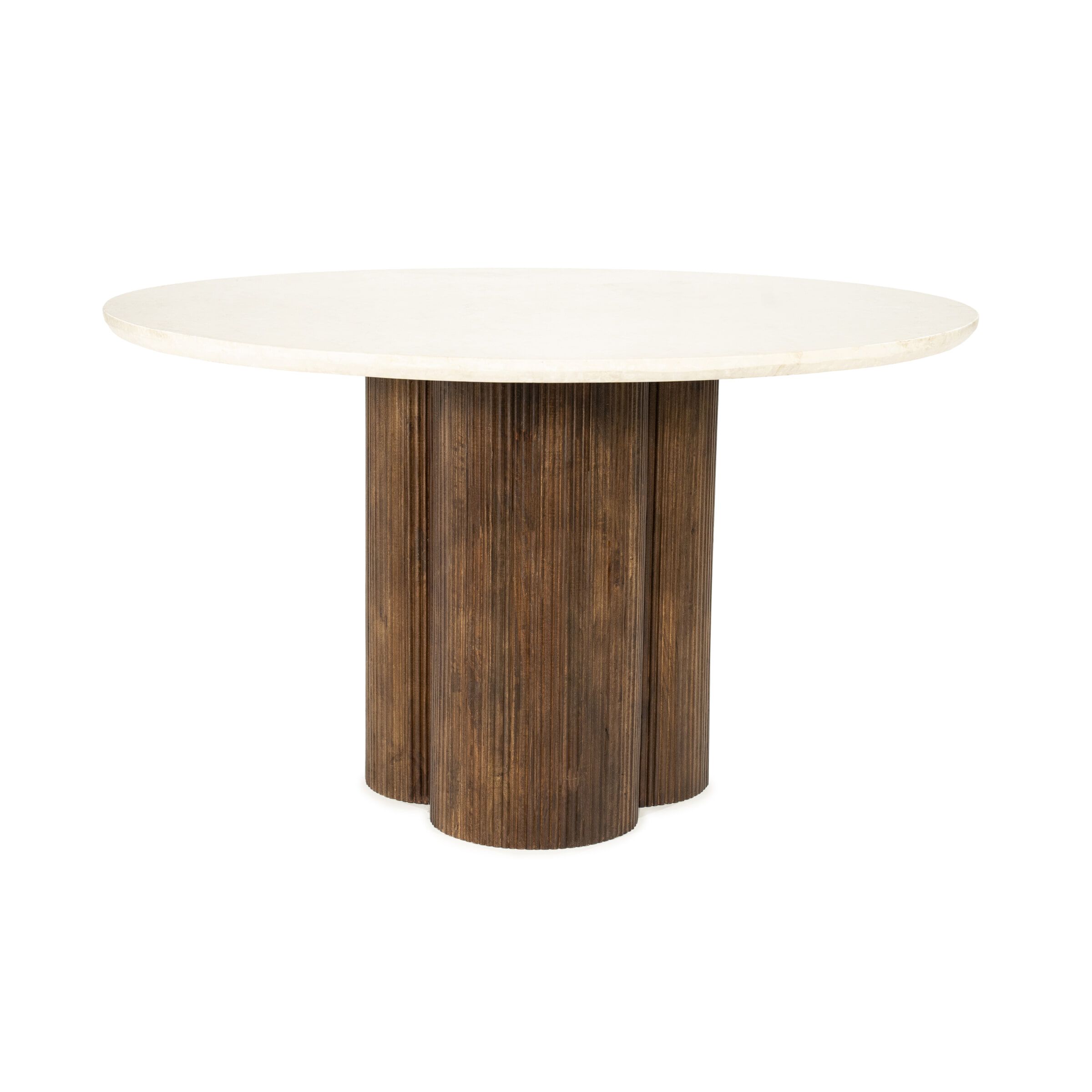Ronde Eleonora eettafel 130 cm – Mangohout & Botticino marmer, bruine elegantie