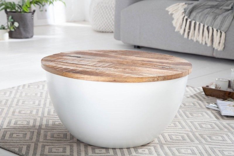 Ronde Industriële Salontafel met Opbergruimte – 60 cm Wit & Mangohout – Handgemaakt