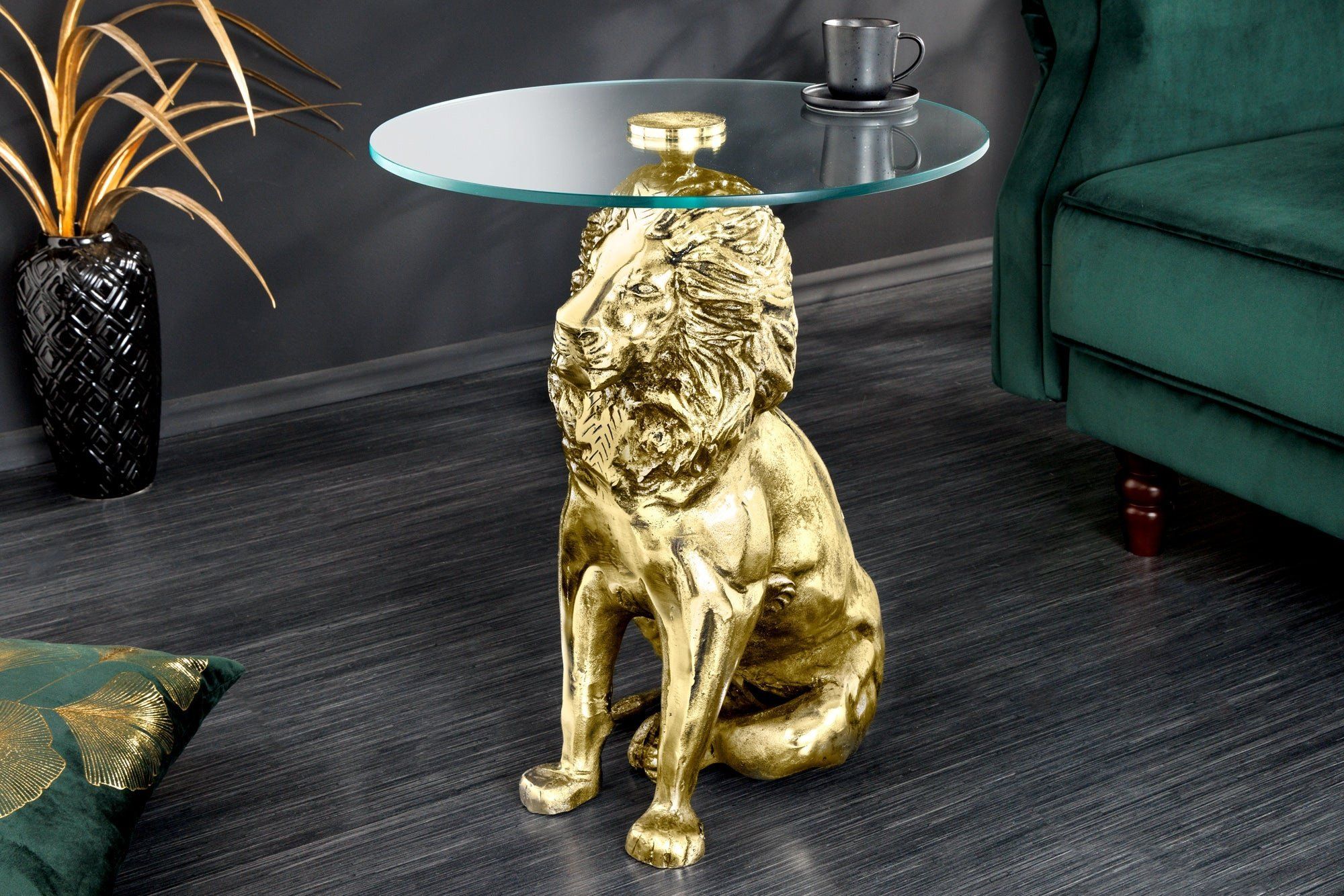 Ronde Leeuw Bijzettafel – Antiek Goud & Glas, 60 cm – Invicta Interior