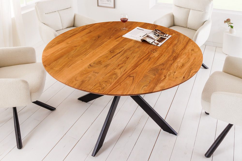 Ronde massief acaciatafel GALAXIE 130 cm – elegant met zwart metalen frame