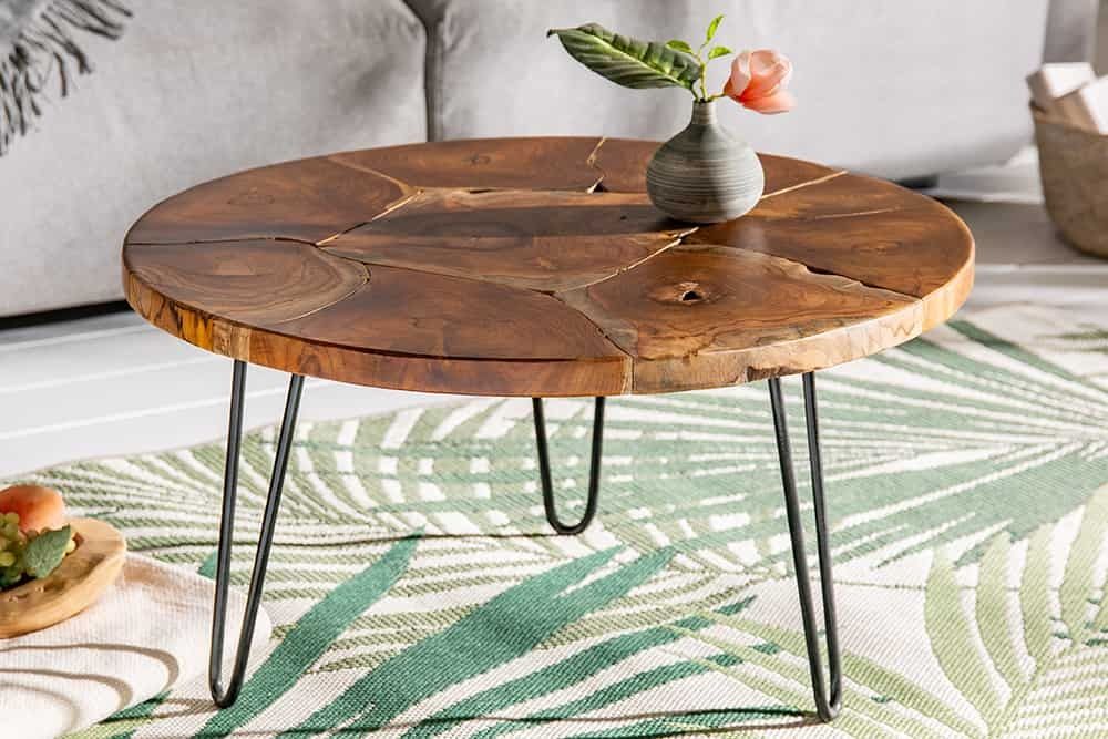 Ronde Massief Houten Salontafel MosAIK – 70 cm Natuurteakhout met Zwarte Haarspeldpoten