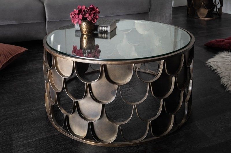Ronde salontafel 60 cm – Antiek messing, glas & industrieel visschubdesign | Invicta Interior