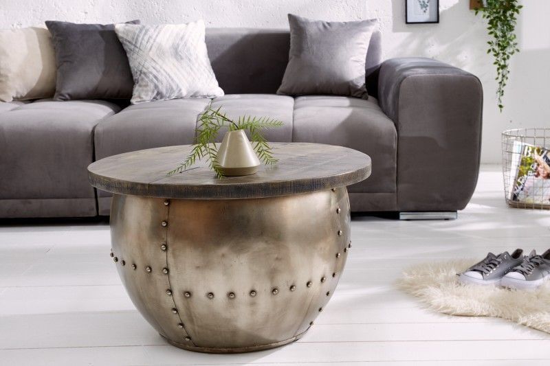 Ronde salontafel DRUMP STORAGE 70 cm – Handgemaakte industriële look met slimme opbergruimte