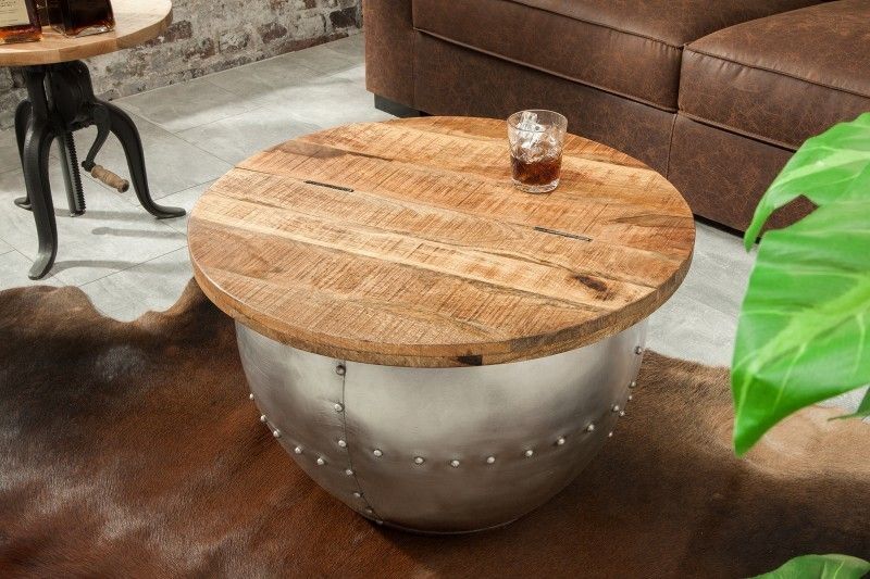 Ronde Salontafel DRUMP STORAGE 70 cm – Natuurlijk Zilver Mangohout met Handige Opbergruimte