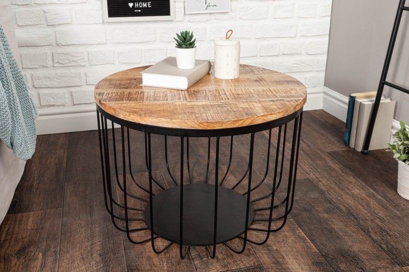 Ronde salontafel FACTORY LOFT 60 cm – Natuurlijke mangohout & zwart metalen frame