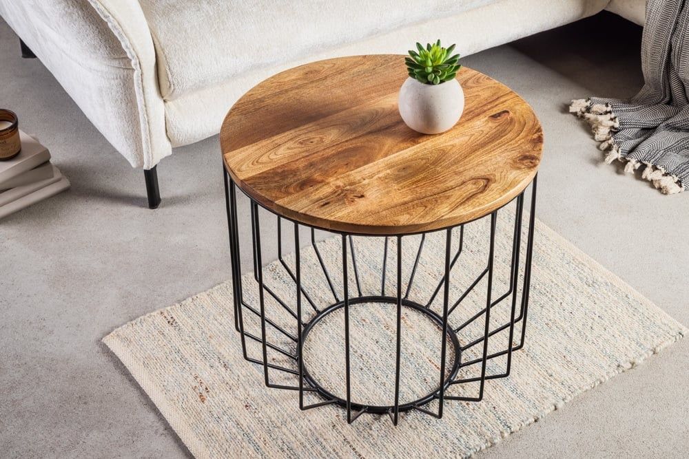 Ronde salontafel FACTORY LOFT – Natuurlijke mangohout met zwart metalen frame