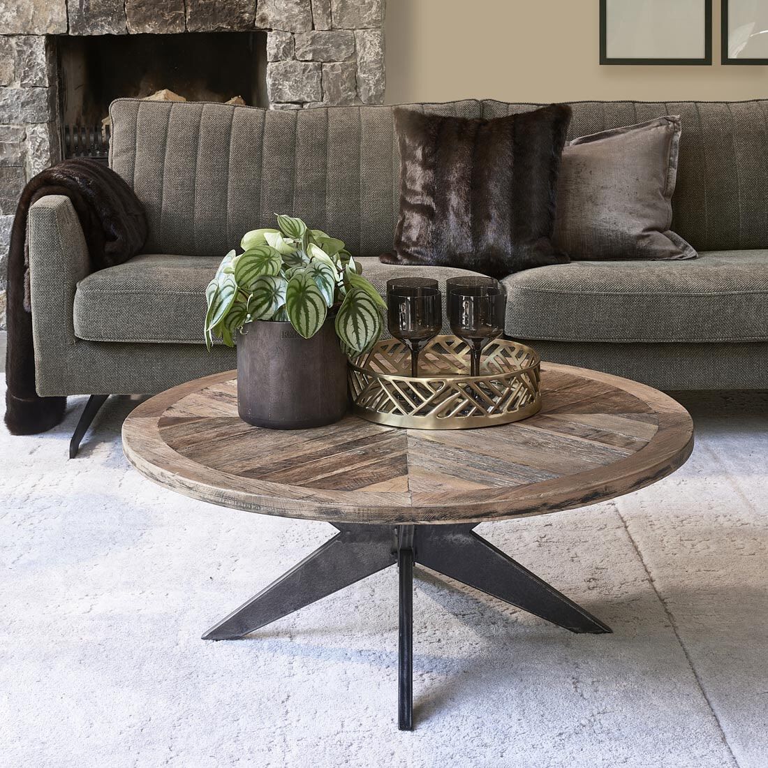 Ronde Salontafel Falcon Crest – 100 cm, Eiken & IJzer, Zwart