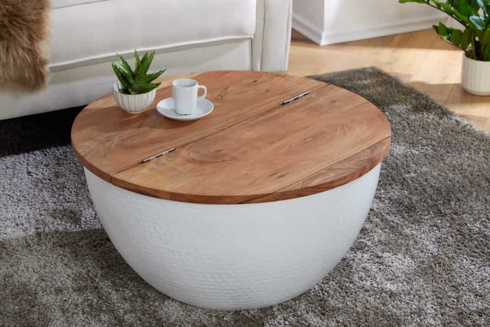 Ronde Salontafel Invicta Interior – Wit Acaciahout met Handige Opbergruimte (60 cm)