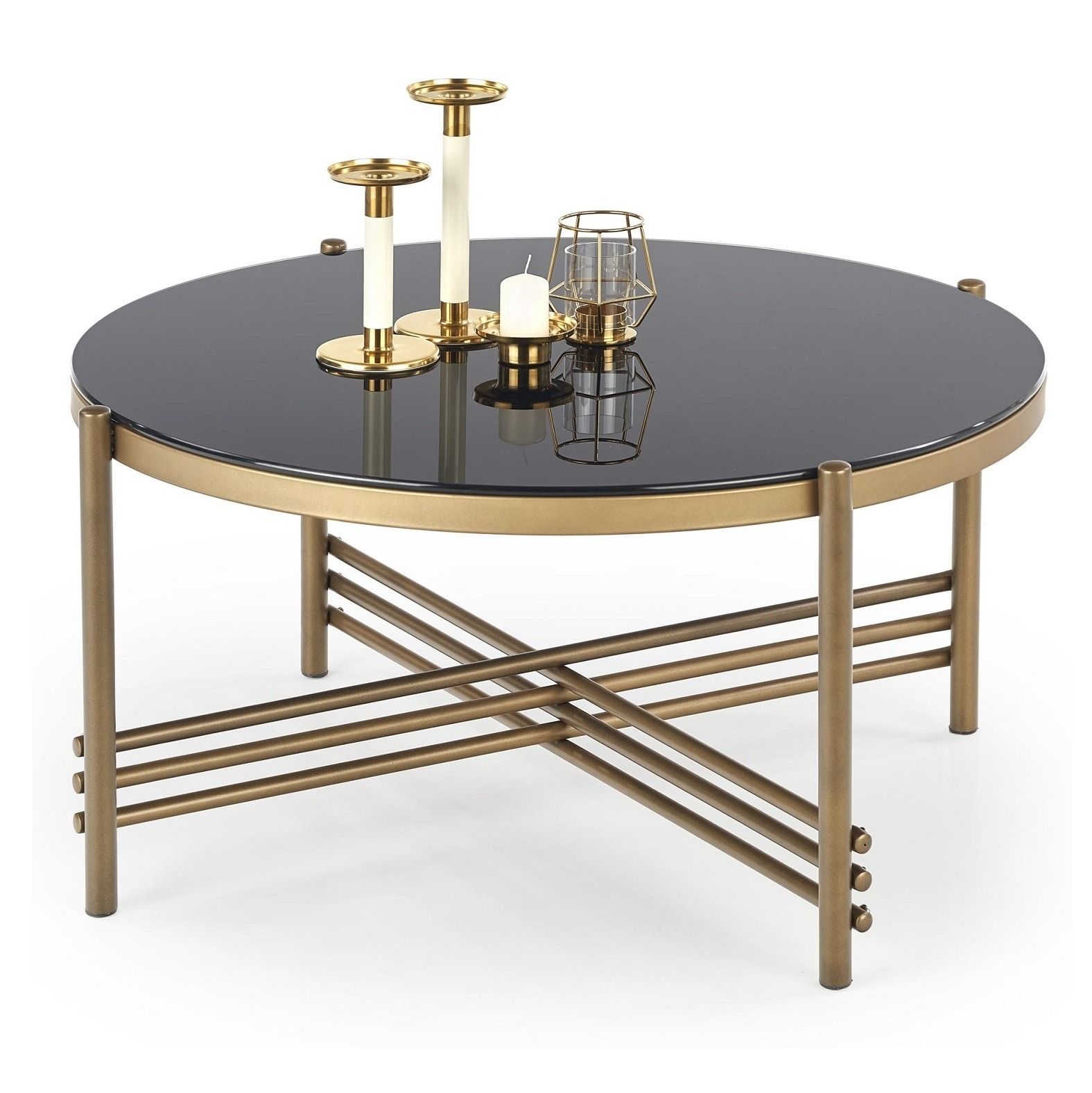 Ronde Salontafel Ismena 80 cm – Luxe Zwart‑Glazen Tafel met Gouden Frame