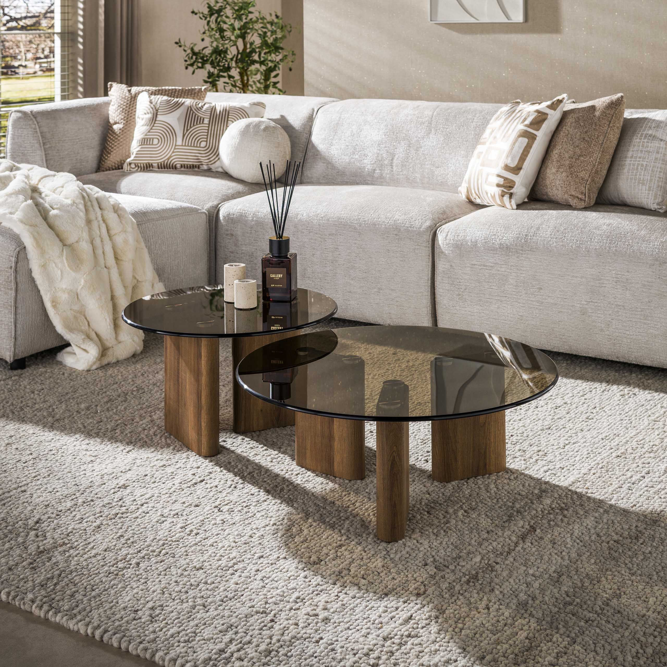 Ronde Salontafel Kely van LifestyleFurn – Set van 2 in Bronsglas & Houtlook