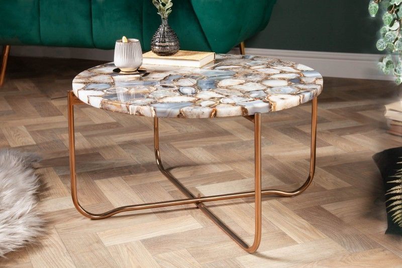 Ronde Salontafel Noble 65 cm – Agaatblad op Gouden Metaalframe | Invicta Interior